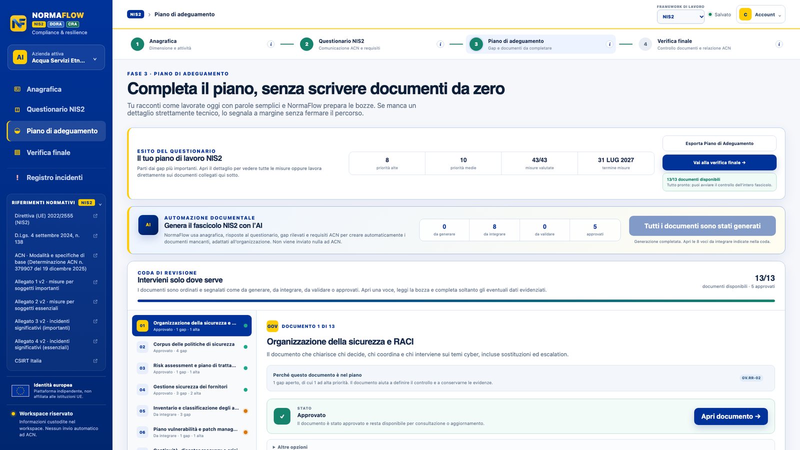 Piano documentale NIS2 in NormaFlow con stato dei documenti