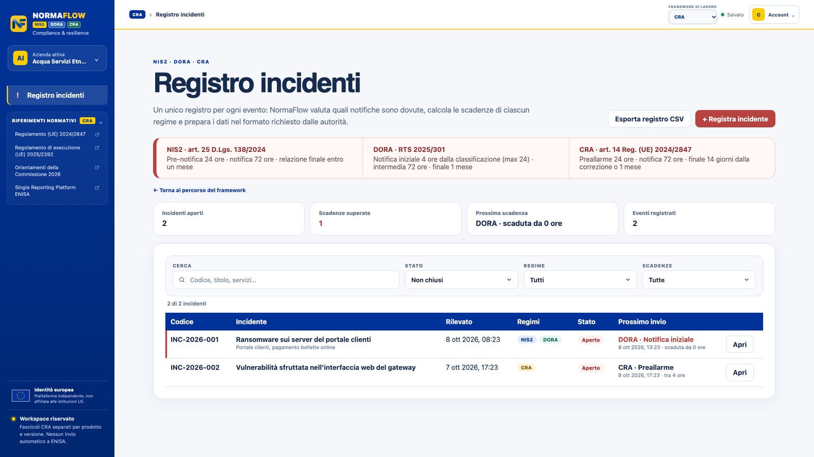 Registro degli incidenti con filtri e scadenze